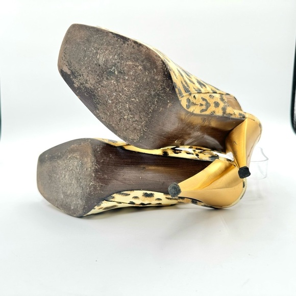 STUART WEITZMAN GOLD ANIMAL PRINTS SLING BACK HEELS OPEN TOE SHOE PATENT LEATHER - Picture 13 of 15